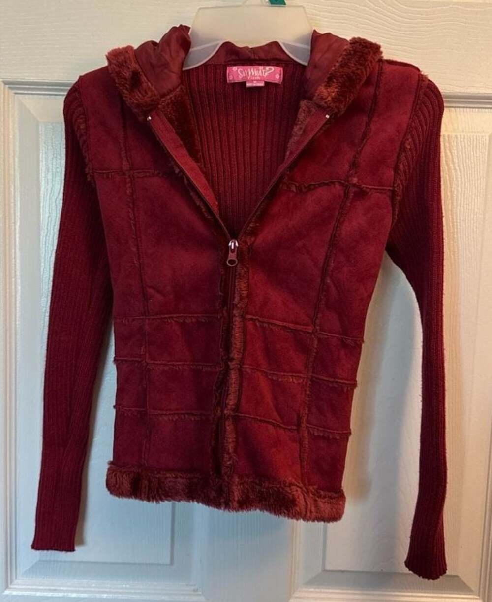 Say What? Girls Faux Suede & Knit Hooded Jacket Size M Burgundy